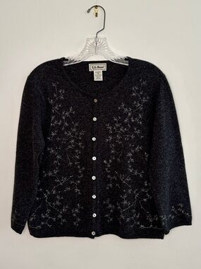 Vintage L.L. Bean Dark Charcoal Gray Embroidered Button-Front Cardigan